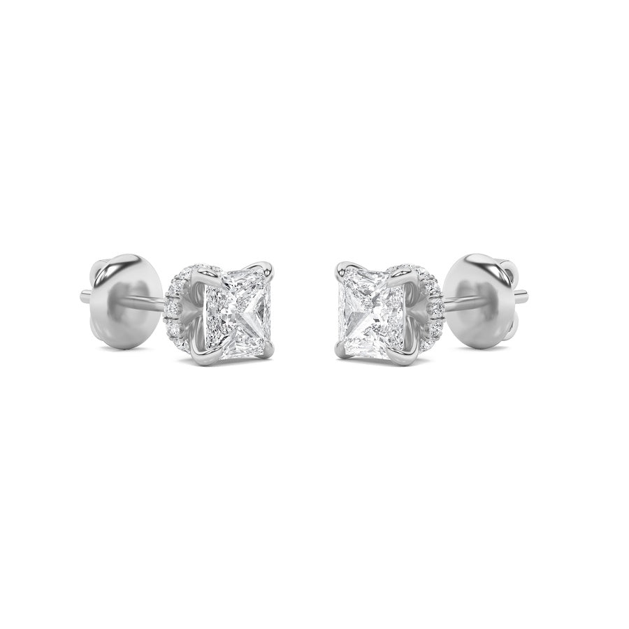 Princess Shape Hidden Halo Stud Earrings lab grown diamond