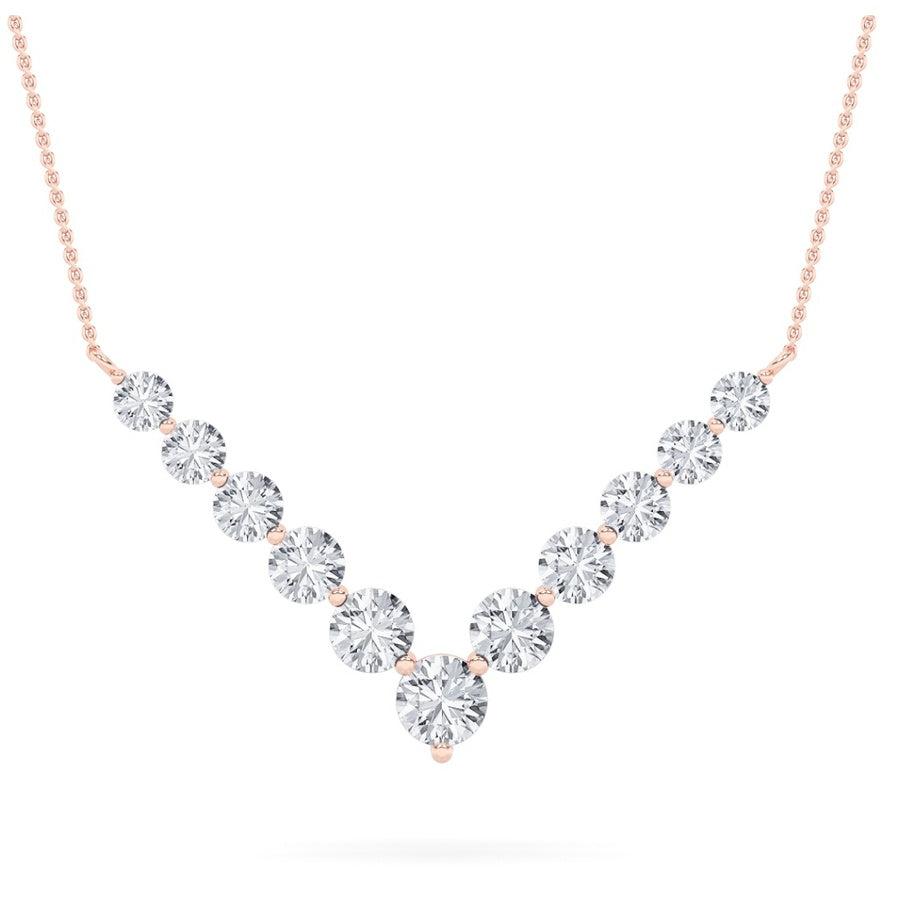 5Cttw Round Shaped Lab Grown Diamond (F/VS) Graduating V Necklace in 14K Gold
