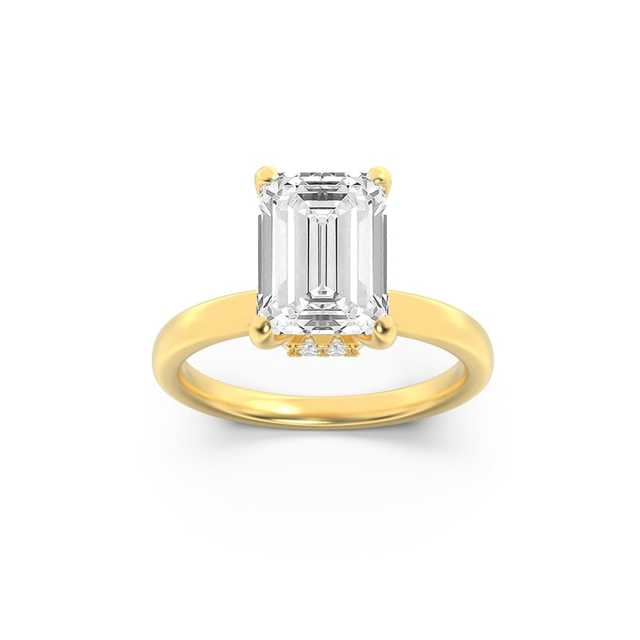 2Cttw Emerald Shaped Lab Grown Diamond (F/VS) Hidden Halo Plain Shank Engagement Ring in 14K Gold