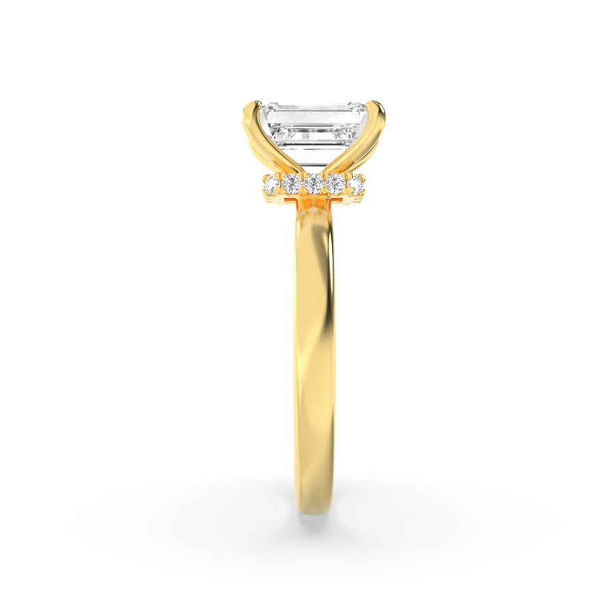 2Cttw Emerald Shaped Lab Grown Diamond (F/VS) Hidden Halo Plain Shank Engagement Ring in 14K Gold