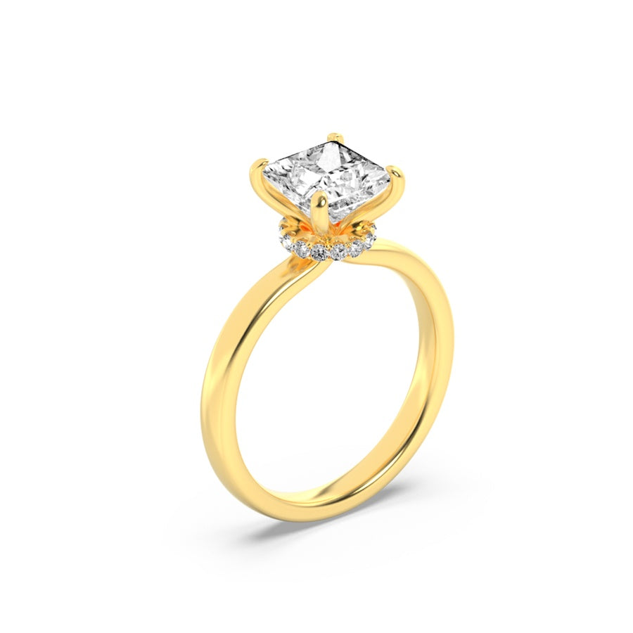 1Cttw Princess Shaped Lab Grown Diamond (F/VS) Hidden Halo Plain Shank Engagement Ring in 14K Gold