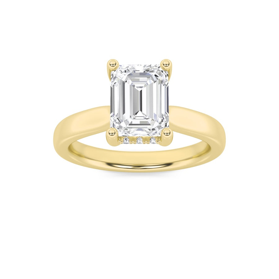 2Cttw Emerald Shaped Lab Grown Diamond (F/VS) Hidden Halo Cathedral Shank Engagement Ring in 14K Gold
