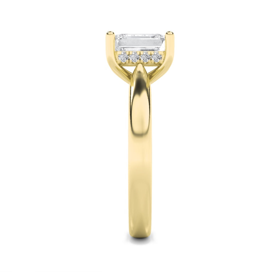 2Cttw Emerald Shaped Lab Grown Diamond (F/VS) Hidden Halo Cathedral Shank Engagement Ring in 14K Gold