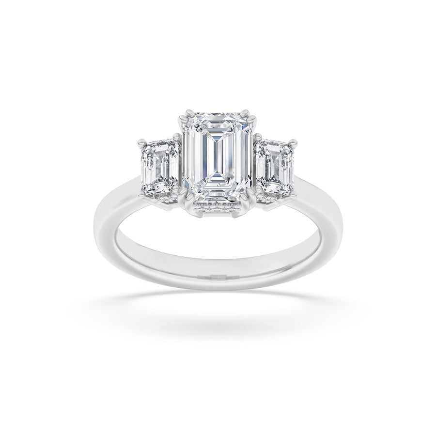 3Cttw Emerald Shaped Lab Grown Diamond (F/VS) Three Stone Accented Ring in 14K Gold
