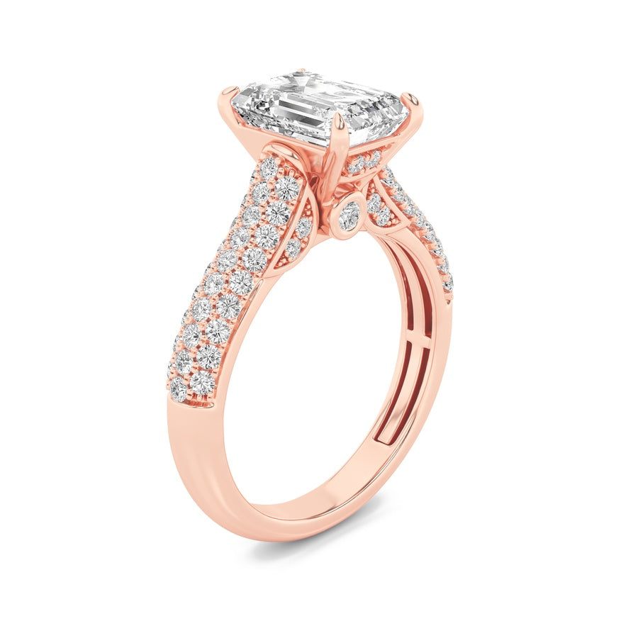 1.5Cttw Emerald Shaped Lab Grown Diamond (F/VS) Hidden Halo Accented Engagement Ring in 14K Gold