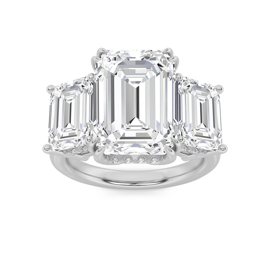 8.25Cttw Emerald Shaped Lab Grown Diamond (F/VS) Bold Three Stone Accented Ring in 14K Gold