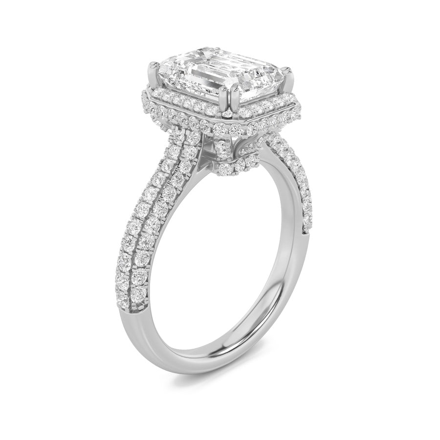 3Cttw Emerald Shaped Lab Grown Diamond (F/VS) HaloAccented Engagement Ring in 14K Gold