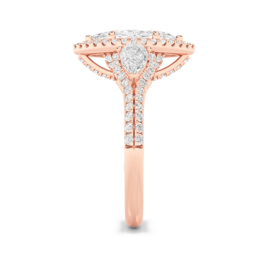 3Cttw Marquise Shaped Lab Grown Diamond (F/VS) Three Stone Bold Accented Engagement Ring in 14K Gold