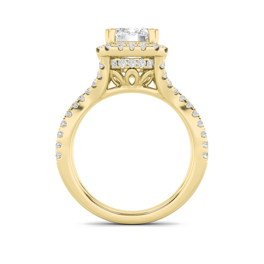 4Cttw Emerald Shaped Lab Grown Diamond (F/VS) Split Shank Halo Engagement Ring in 14K Gold