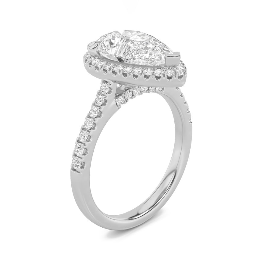 3Cttw Pear Shaped Lab Grown Diamond (F/VS) ClassicHalo Accented Engagement Ring in 14K Gold