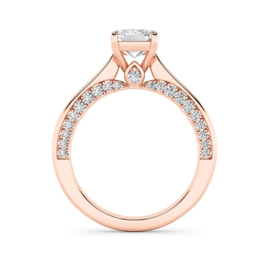 2Cttw Emerald Shaped Lab Grown Diamond (G/VS) Accented Bridge Shank Engagement Ring in 14K Gold