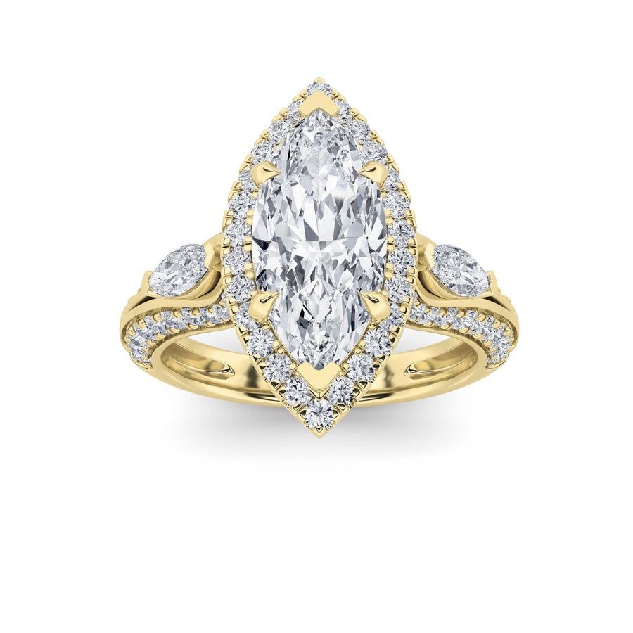 3Cttw Marquise Shaped Lab Grown Diamond (F/VS) Three Stone Halo Enagement Ring in 14K Gold