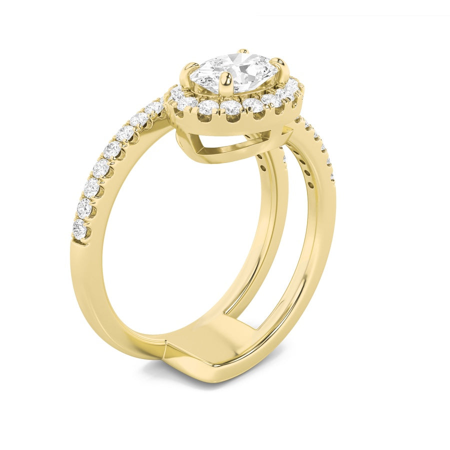 1Cttw Oval Shaped Lab Grown Diamond (F/VS) Halo Accented Fashion Ring in 14K Gold