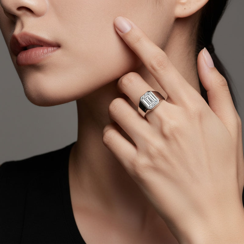 Model wearing emerald mens ring