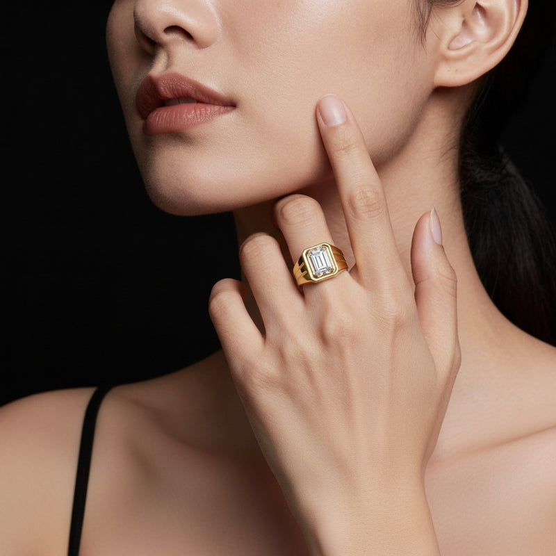 Model wearing emerald mens ring
