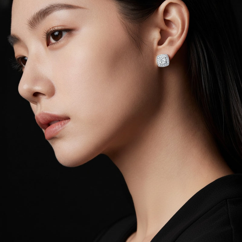 Model wearing round halo stud earrings