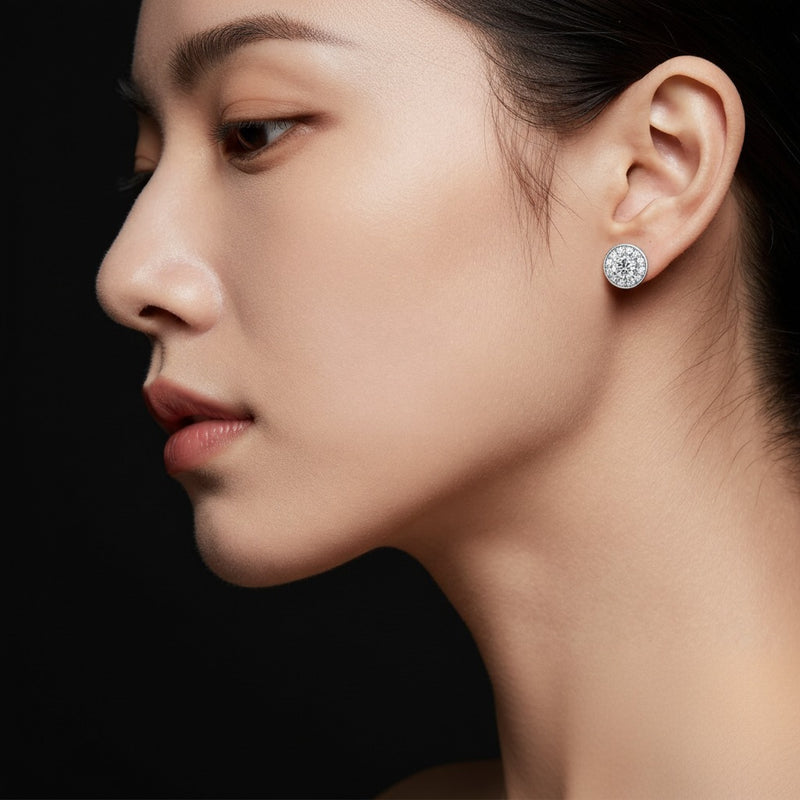 Model wearing round halo stud earrings