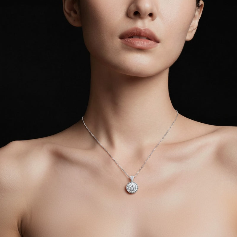 Model wearing round halo pendant