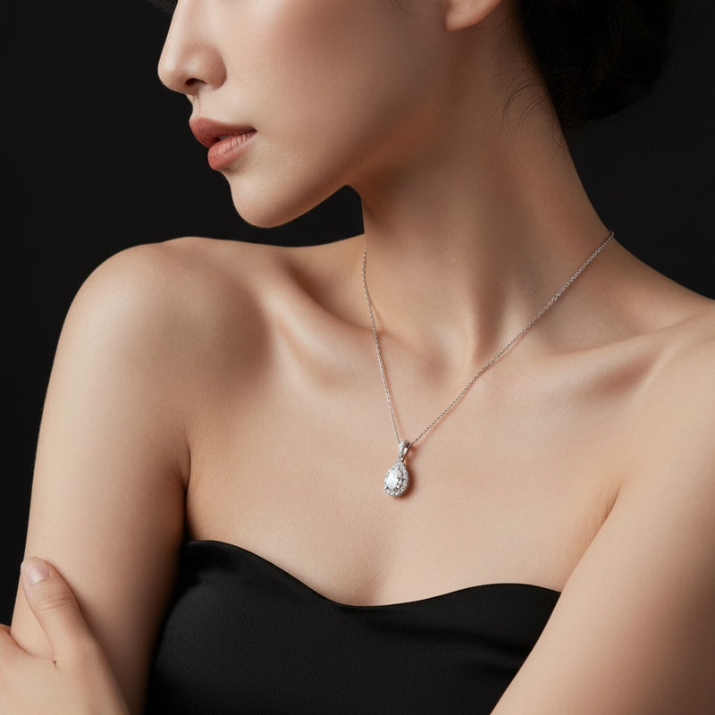 Model wearing pear pendant