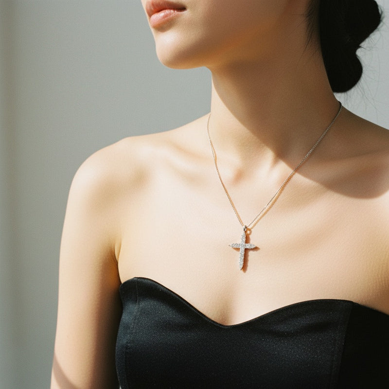 Model wearing pear cross pendant