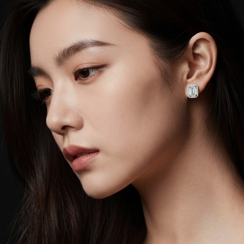 Model wearing radiant earrings