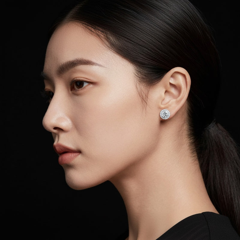 Model wearing round halo stud earrings