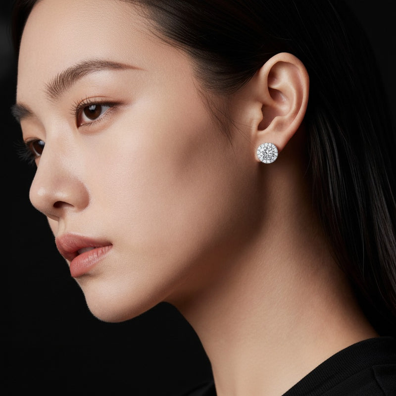 Model wearing round halo stud earrings