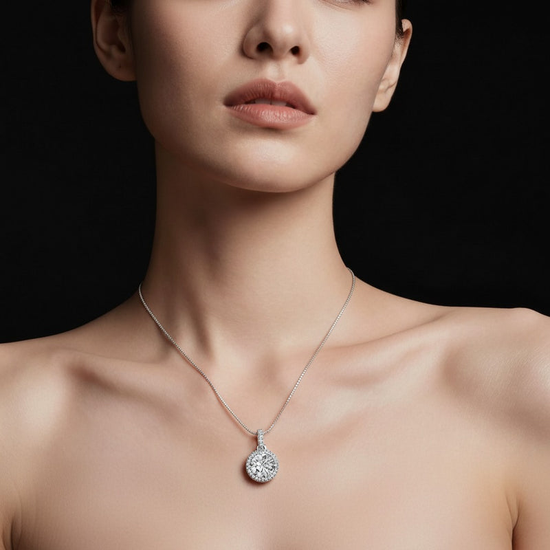 Model wearing round halo pendant
