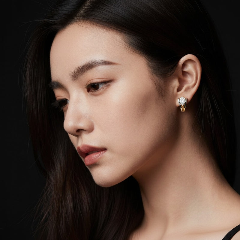 Model wearing pear lab grown diamond f vvs fashion earrings
