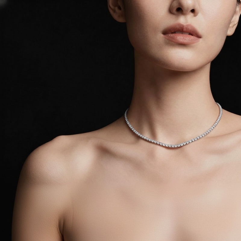Model wearing round graduating full riviera necklace