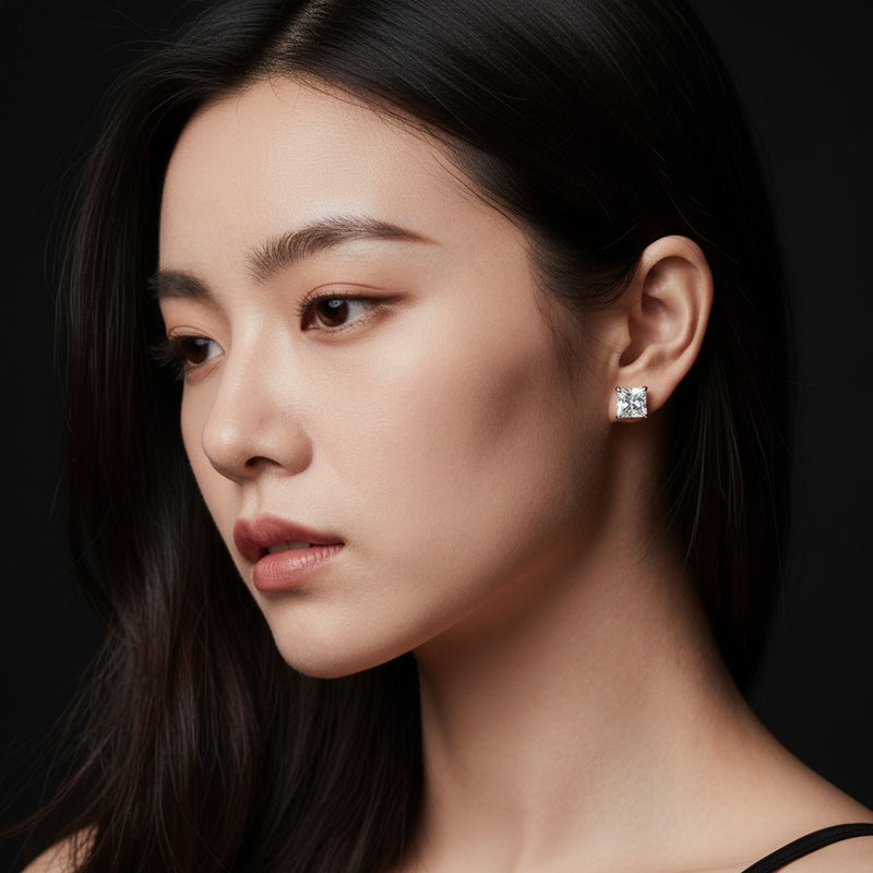 Model wearing princess classic basket set stud earrings