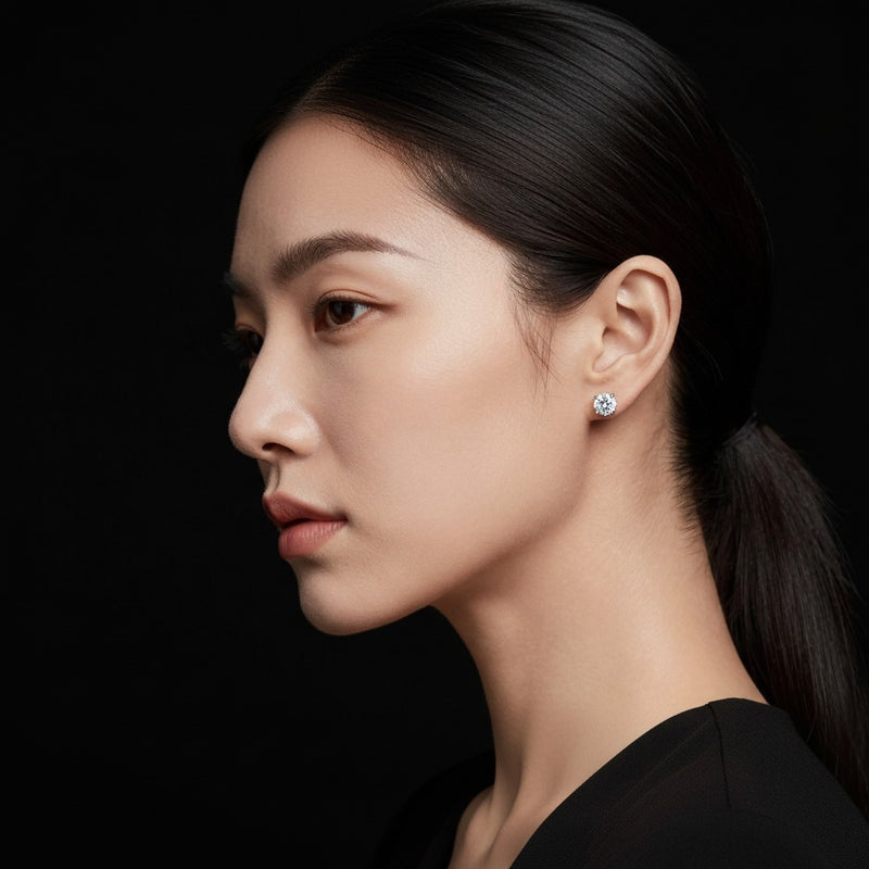 Model wearing round classic basket set stud earrings
