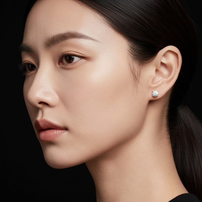 Model wearing round classic basket set stud earrings