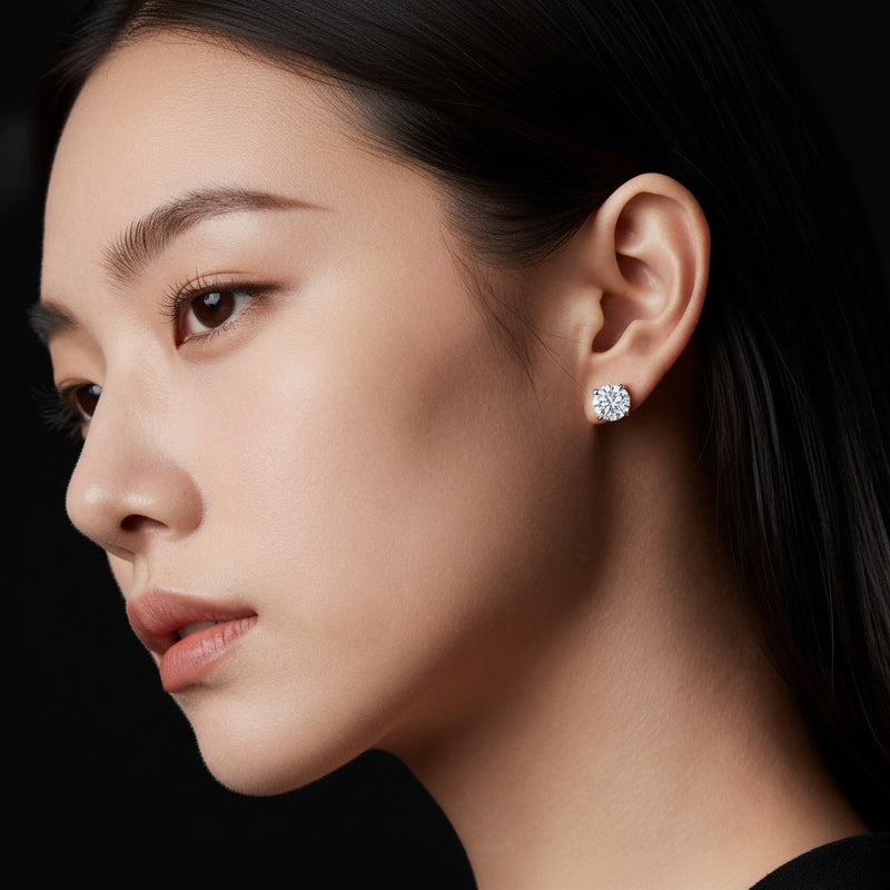 Model wearing round classic basket set stud earrings
