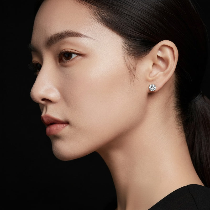 Model wearing round classic basket set stud earrings