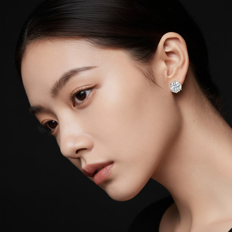 Model wearing round classic basket set stud earrings