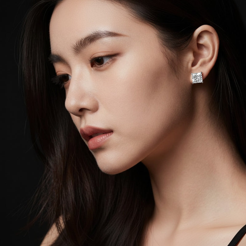 Model wearing princess stud earrings