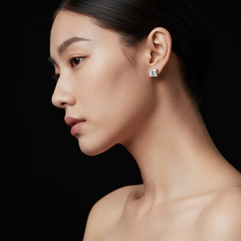 Model wearing princess stud earrings