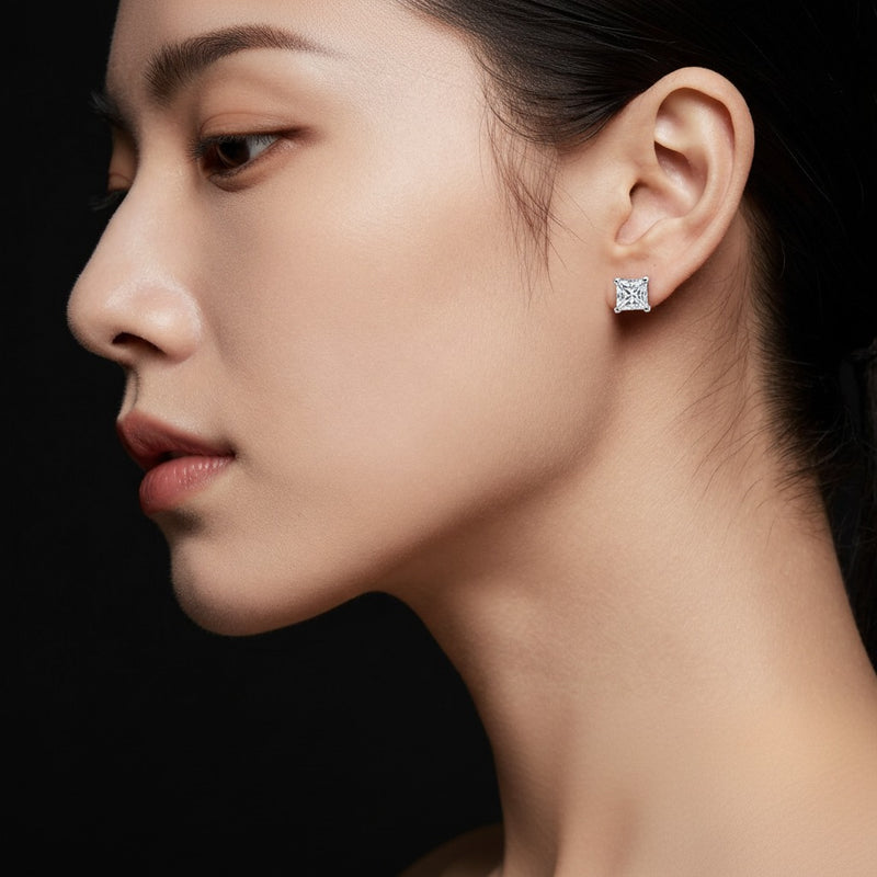 Model wearing princess hidden halo stud earrings