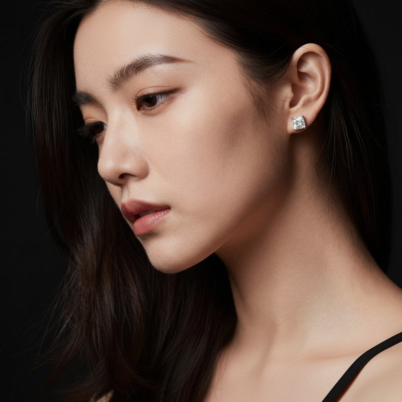 Model wearing princess hidden halo stud earrings