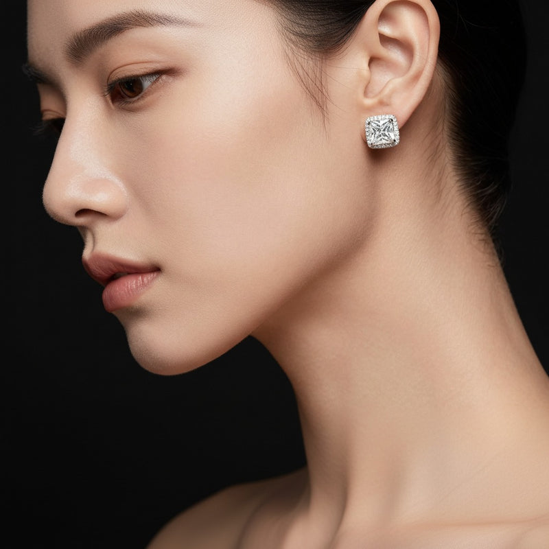 Model wearing princess hidden halo stud earrings