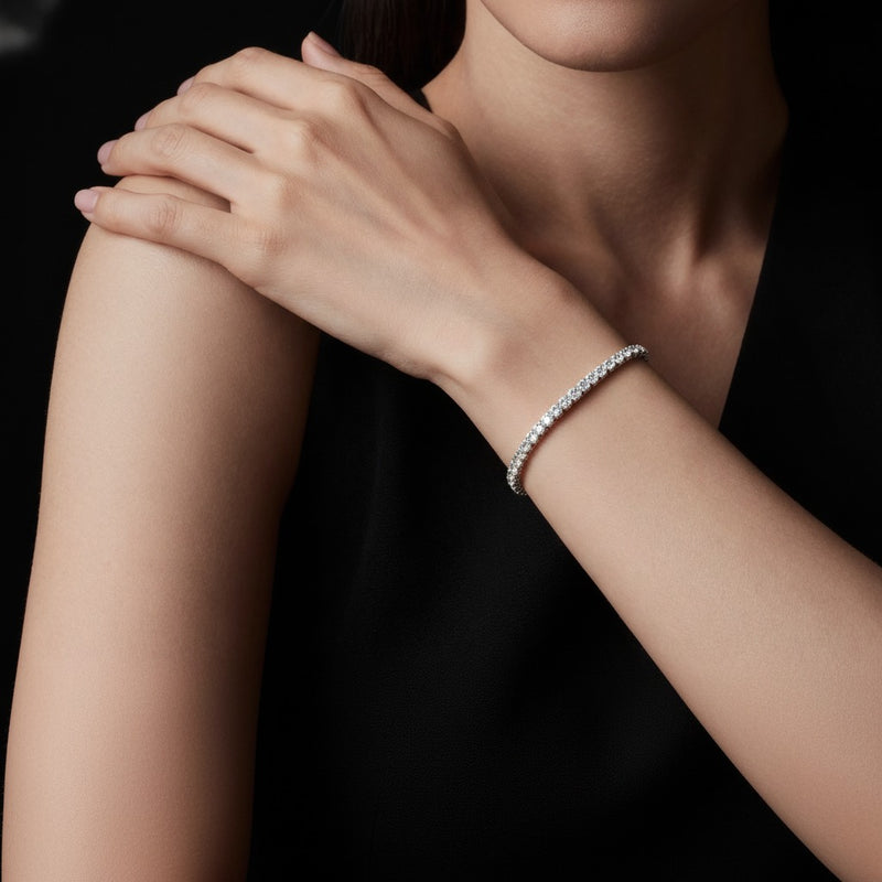 Model wearing round classic tennis bracelet