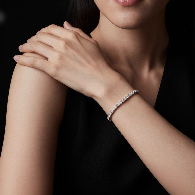Model wearing round classic tennis bracelet