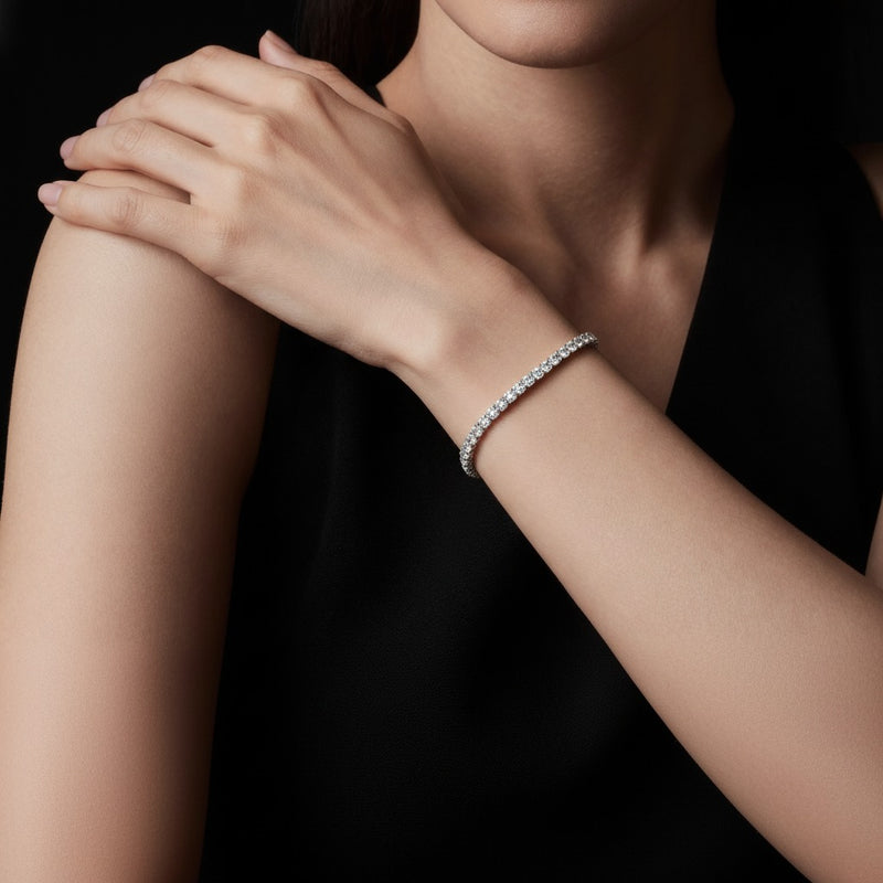 Model wearing round classic tennis bracelet