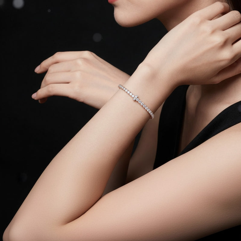 Model wearing round classic tennis bracelet
