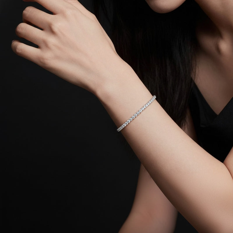 Model wearing round classic tennis bracelet