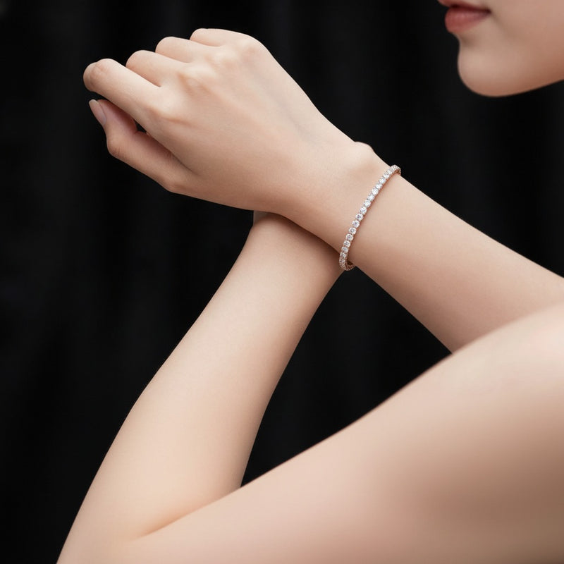 Model wearing round classic tennis bracelet