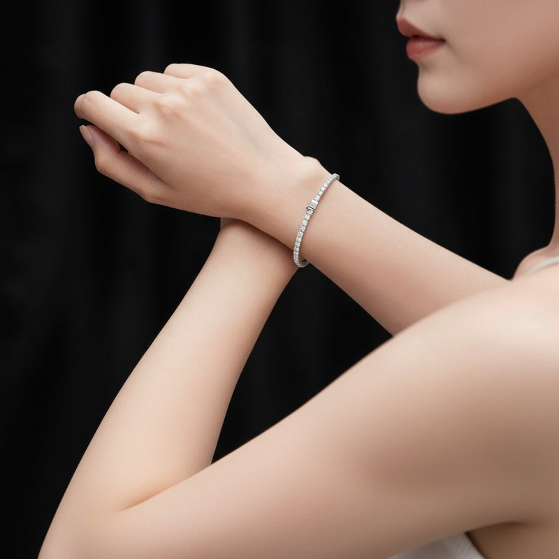 Model wearing round classic tennis bracelet