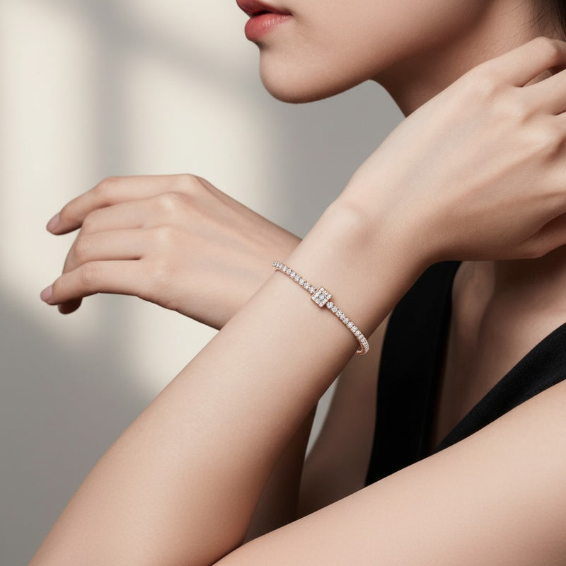 Model wearing round classic tennis bracelet