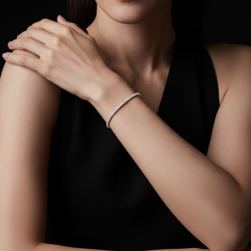 Model wearing round classic tennis bracelet